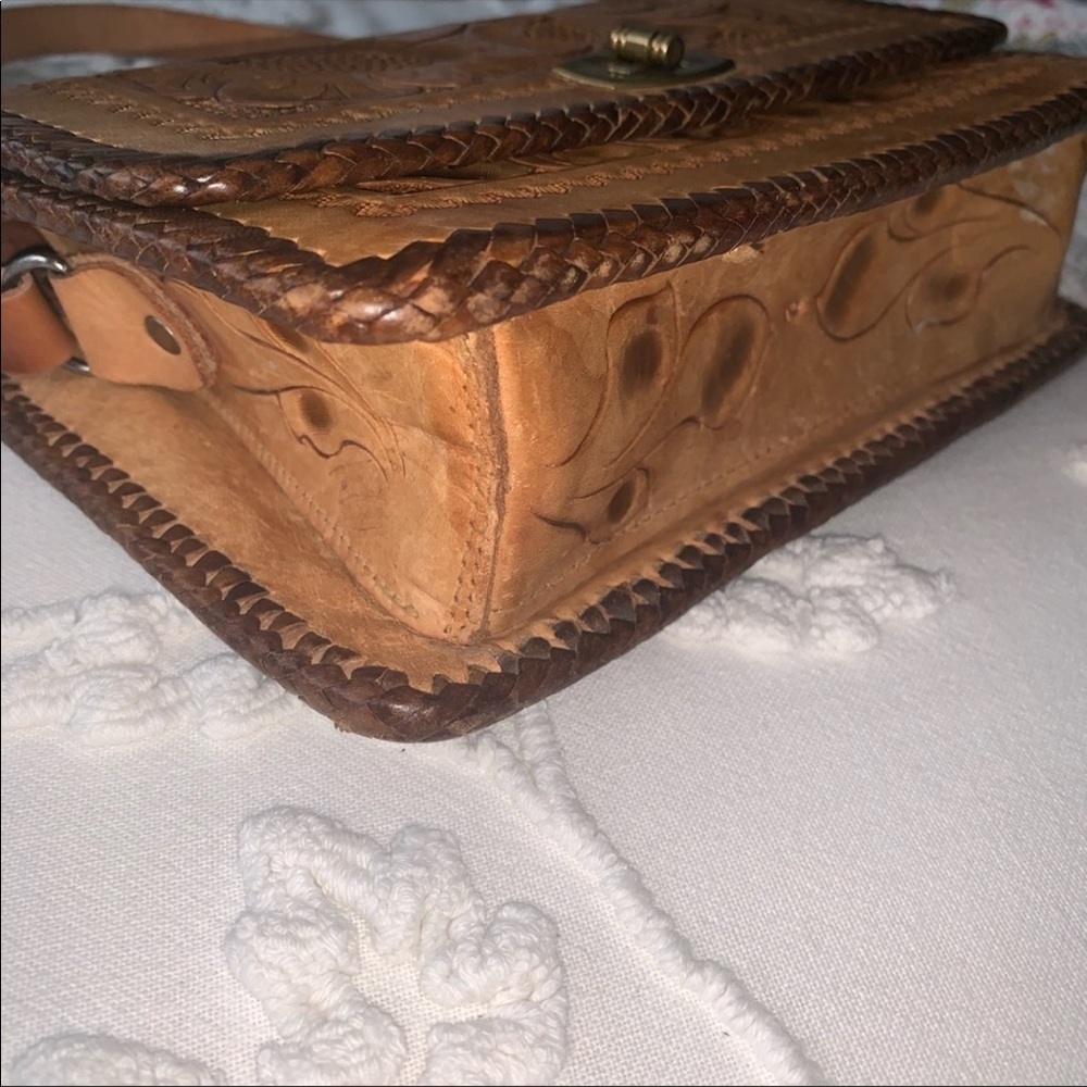 Vintage Tooled Leather Floral Shoulder Bag Turn Lock Closure Braided Accents - Picture 2 of 8
